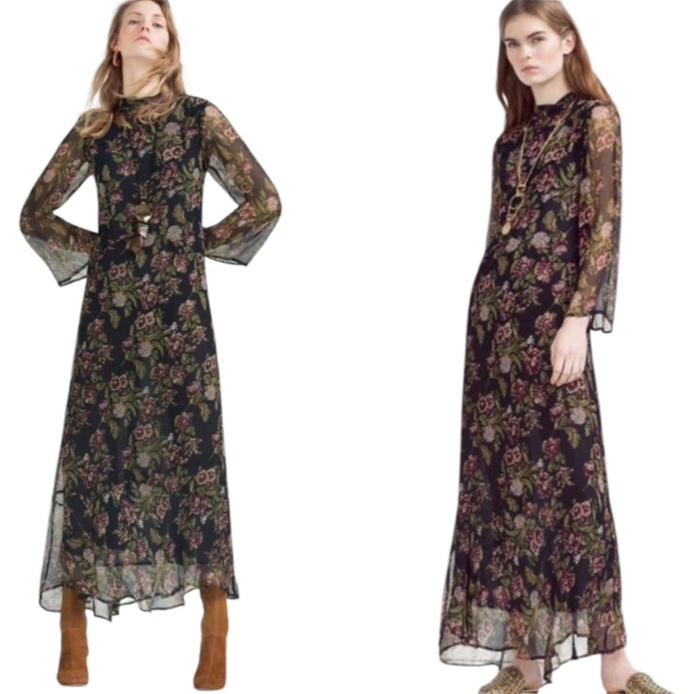 Zara Navy Blue Floral Print Crinkly Chiffon High Neck Maxi Dress - S